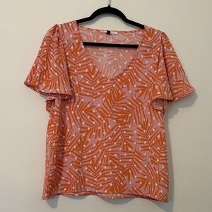 Vibrant Orange and Pink Leaf Print Blouse